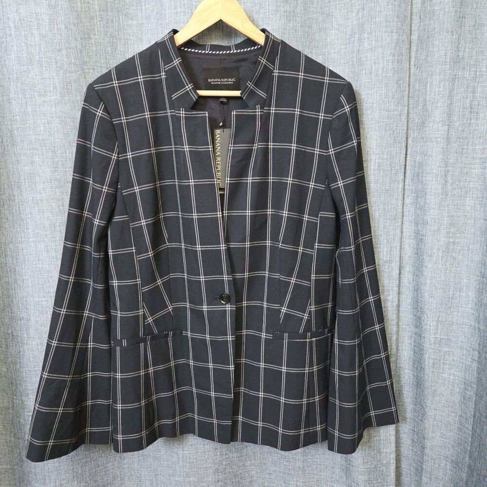 Banana Republic Blazer Split Bell Sleeve Women's 12 Navy Windowpane Retail $178